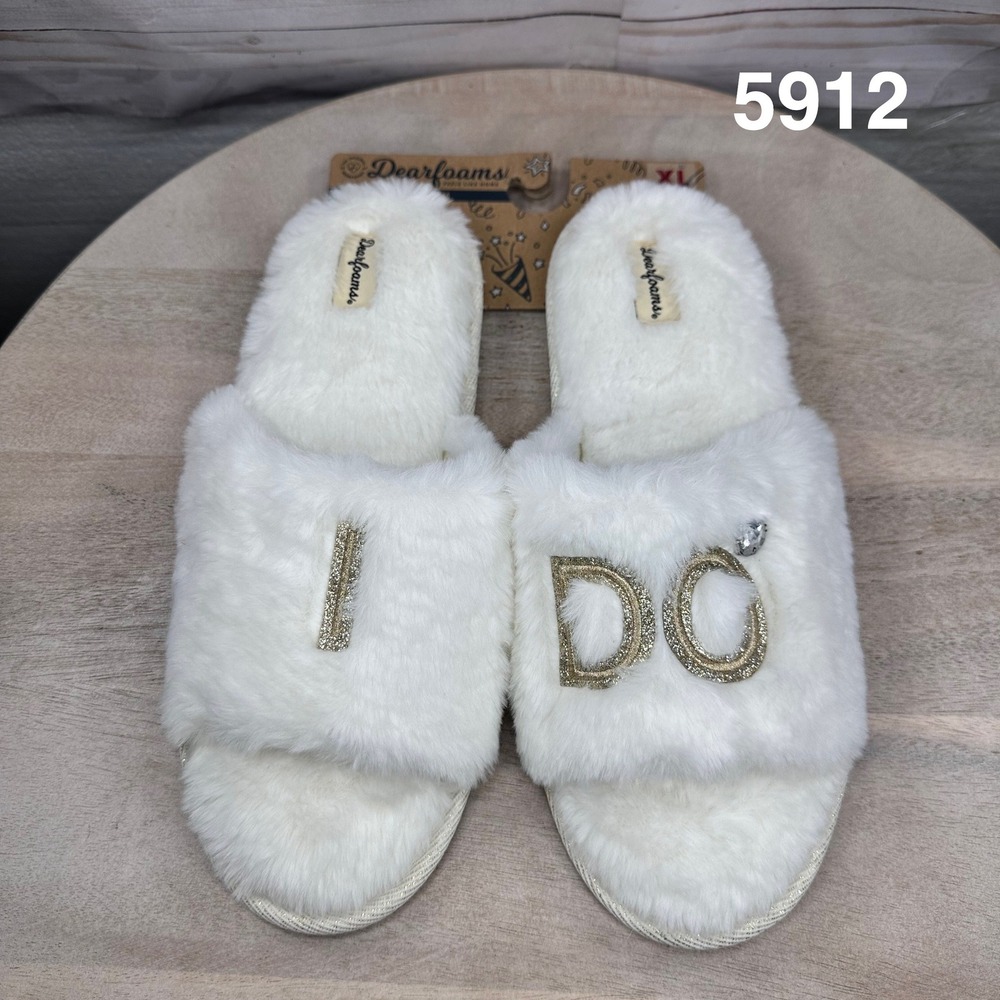 Dearfoams I Do Faux Fur Bridal Slide Slippers Womens Size XL White New